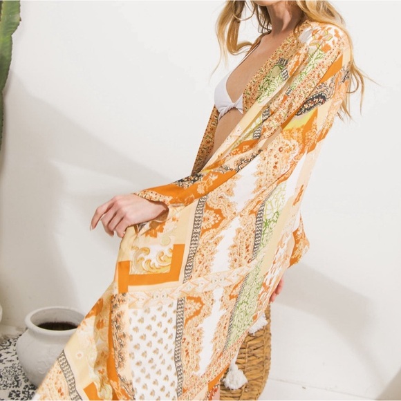 Boho Colorful Orange Kimono Cardigan Beach Swim Cover Up - Picture 5 of 7